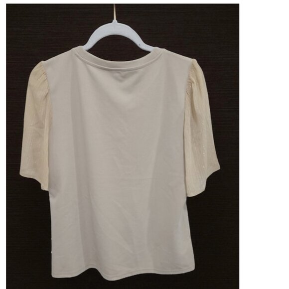 Ann Taylor Beige Contrast Silky Sleeve Knit Top – Elegant Textured Short Sleeve - Picture 2 of 5